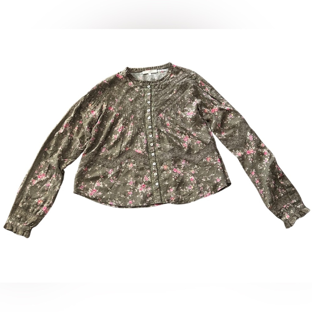 LoveShackFancy Ravelle Floral Lace Button Down Blouse | Bancha Green | Size S - Picture 2 of 7